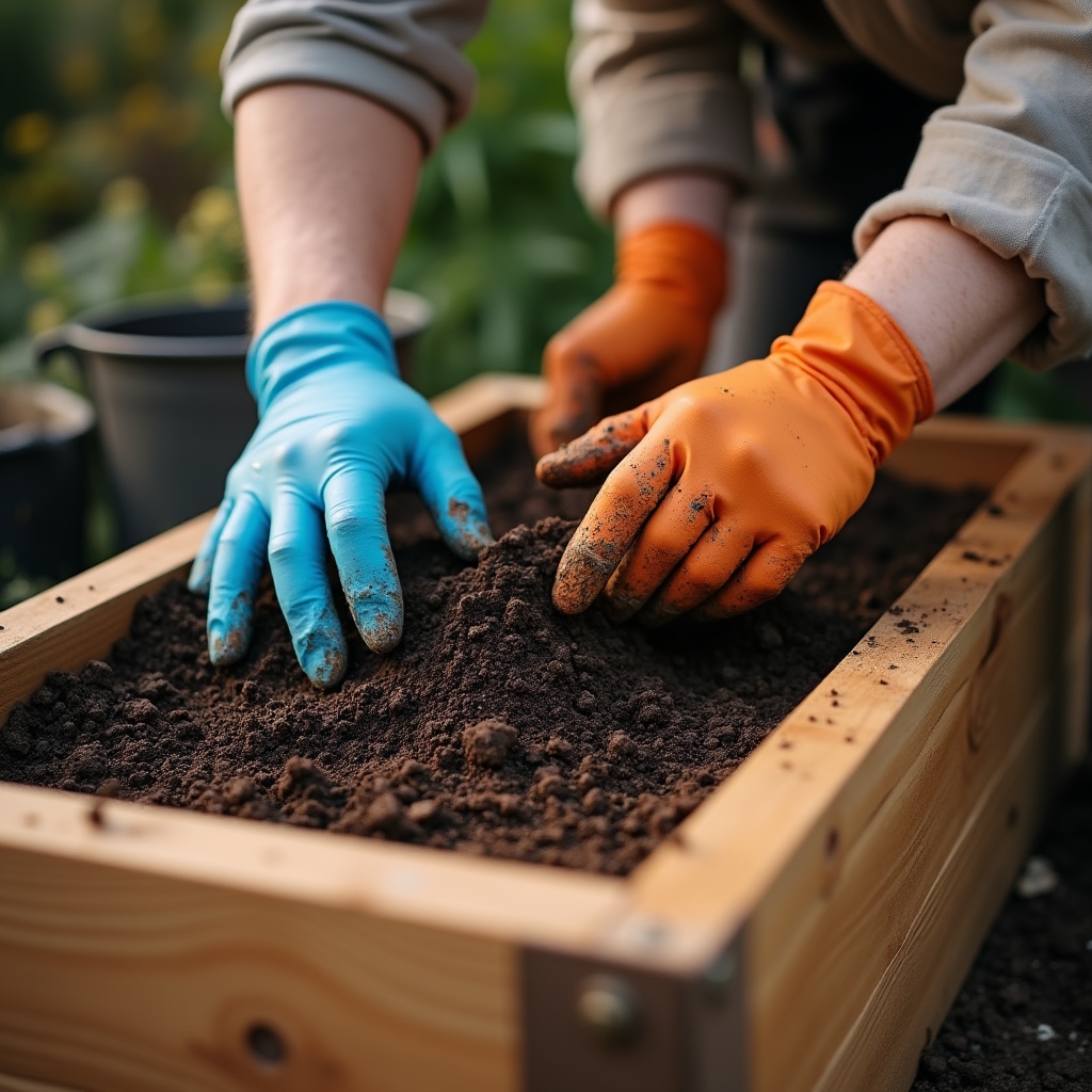 Mani adulte che mescolano substrato di compost e terra in un cassone di legno durante il workshop